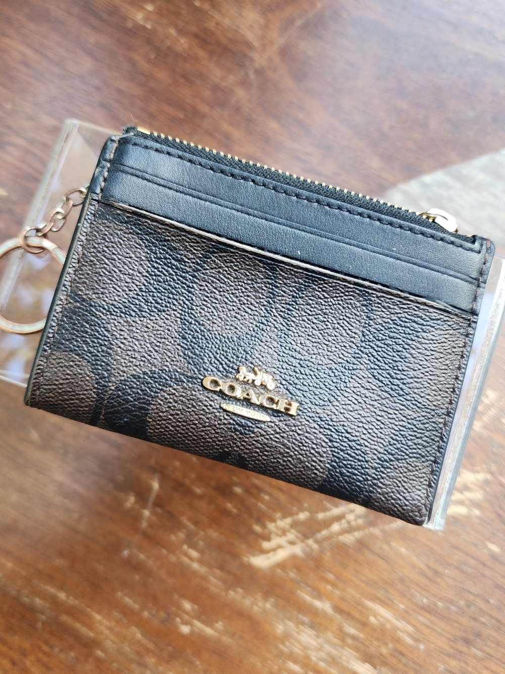 COACH Signature Canvas Mini Skinny ID Case Black Brown Wallet Keychain Card Hold